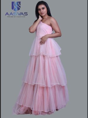 A Peach Gown with Layered Net