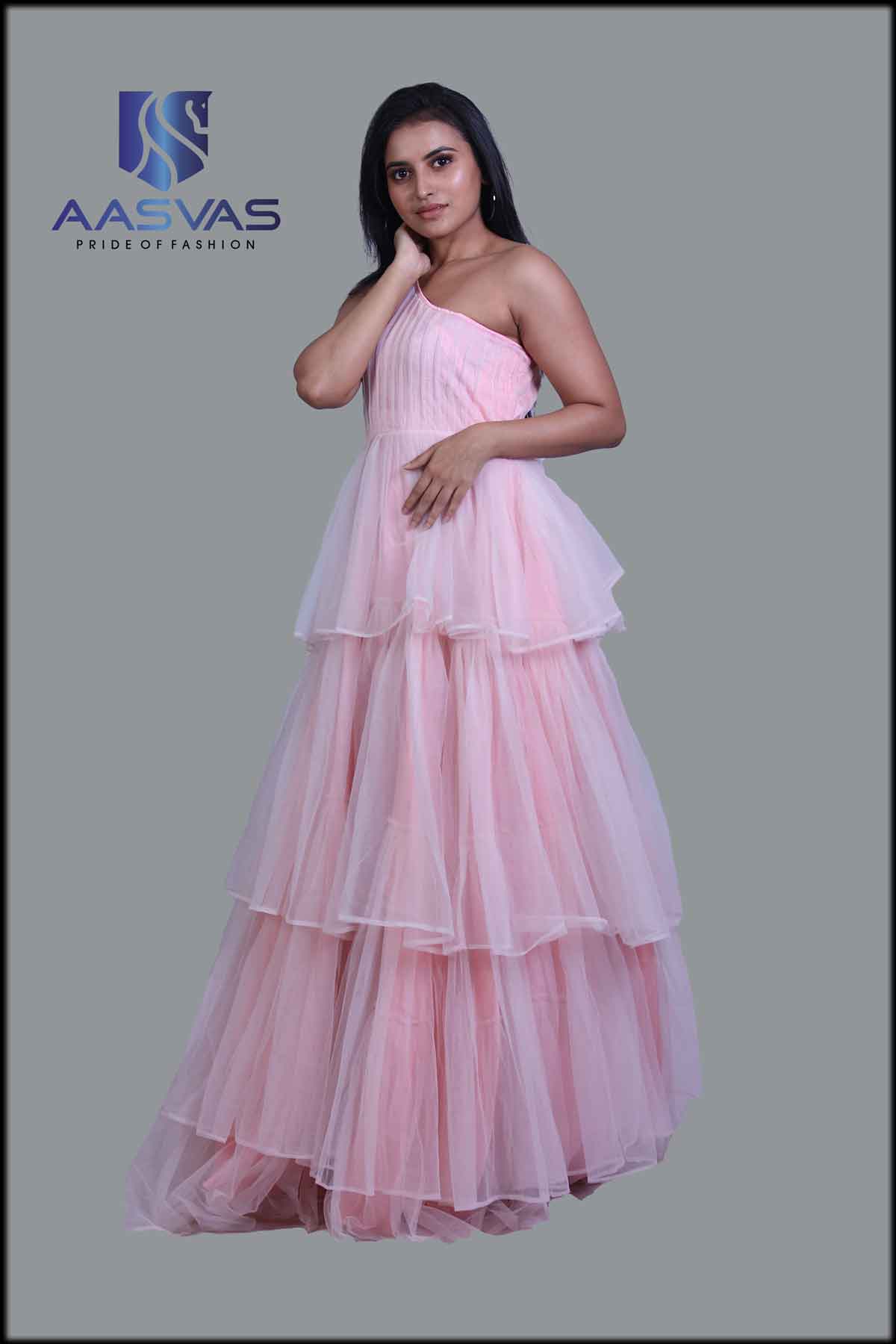 A Peach Gown with Layered Net