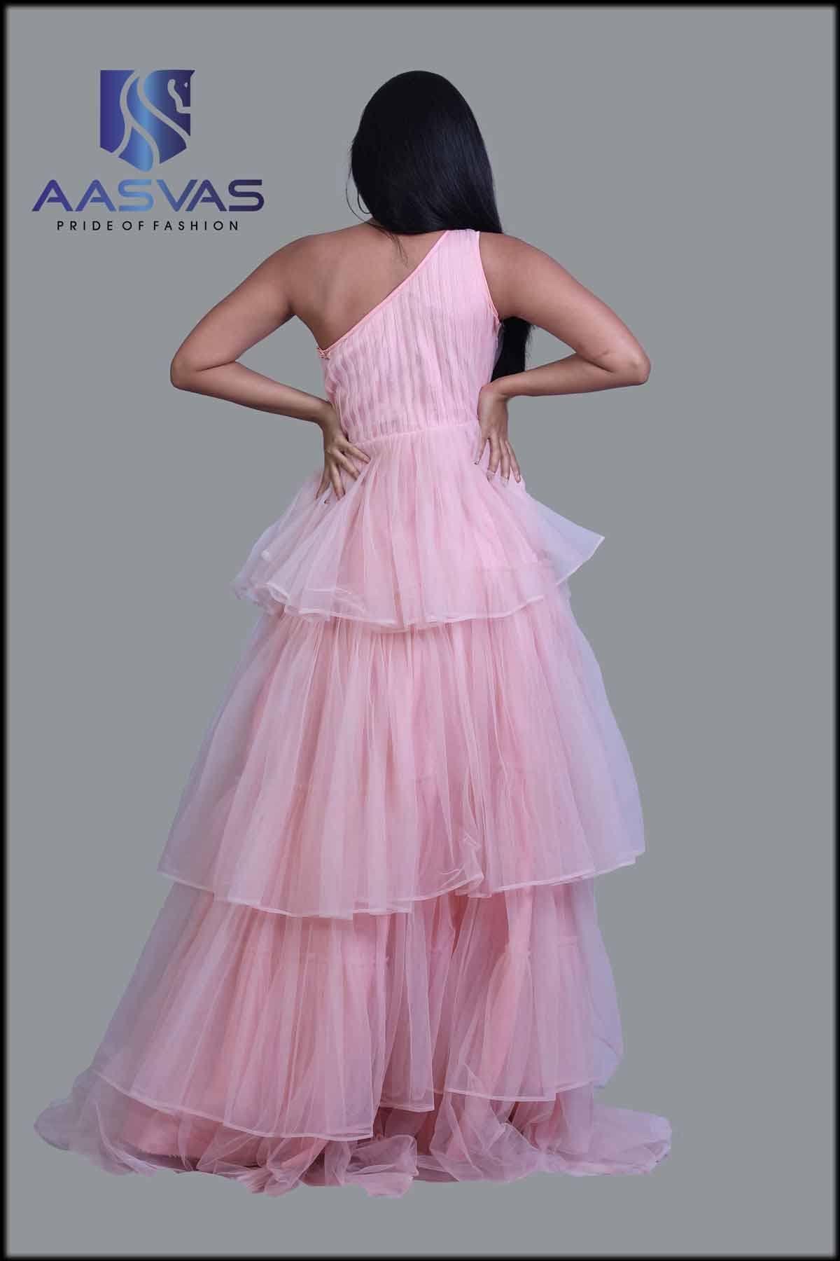 A Peach Gown with Layered Net