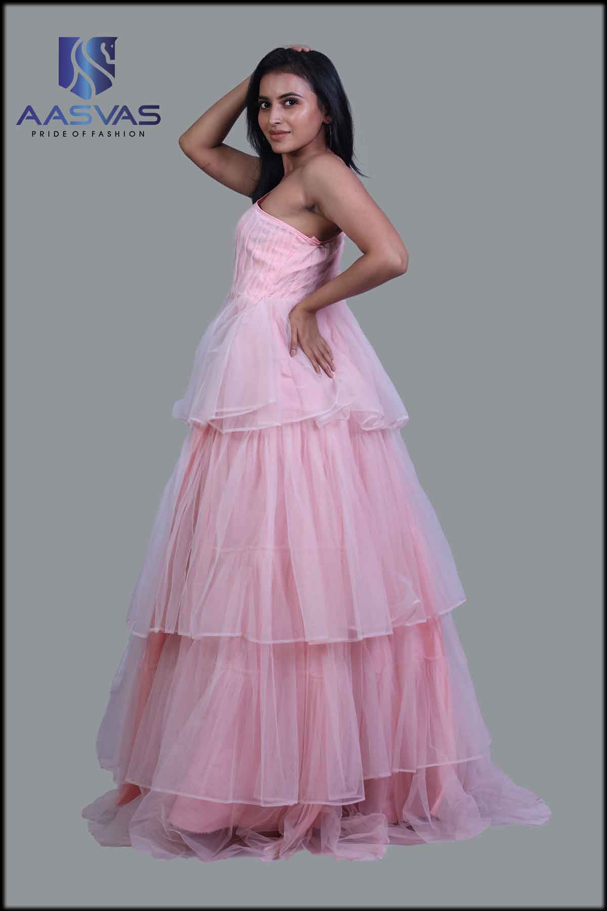 A Peach Gown with Layered Net