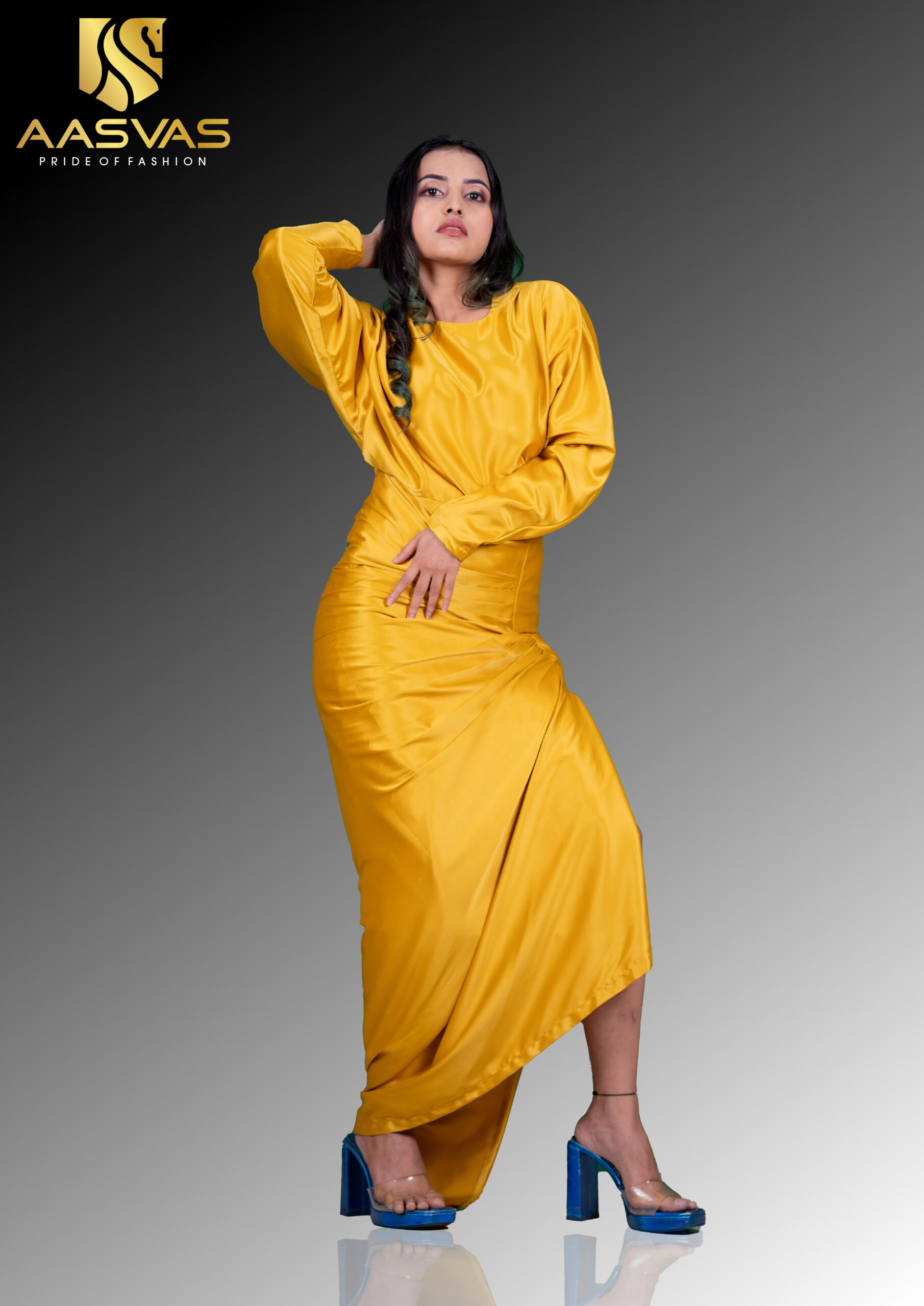 A Yellow Drapped Satin Gown