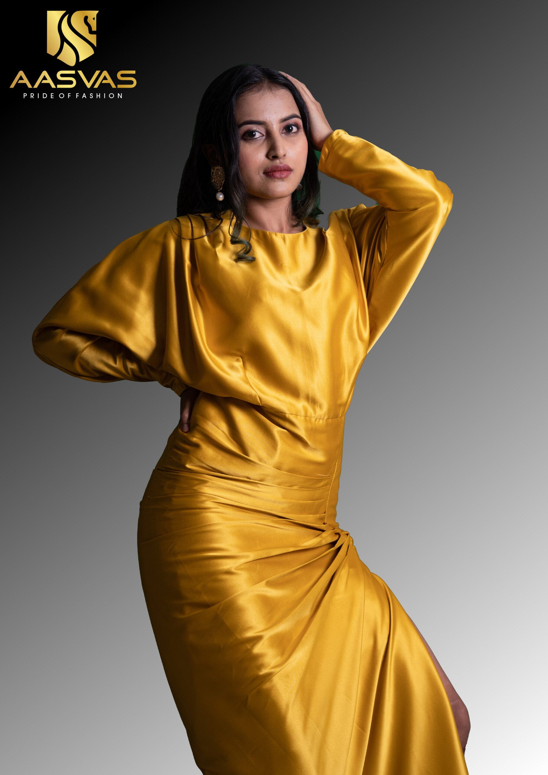 A Yellow Drapped Satin Gown