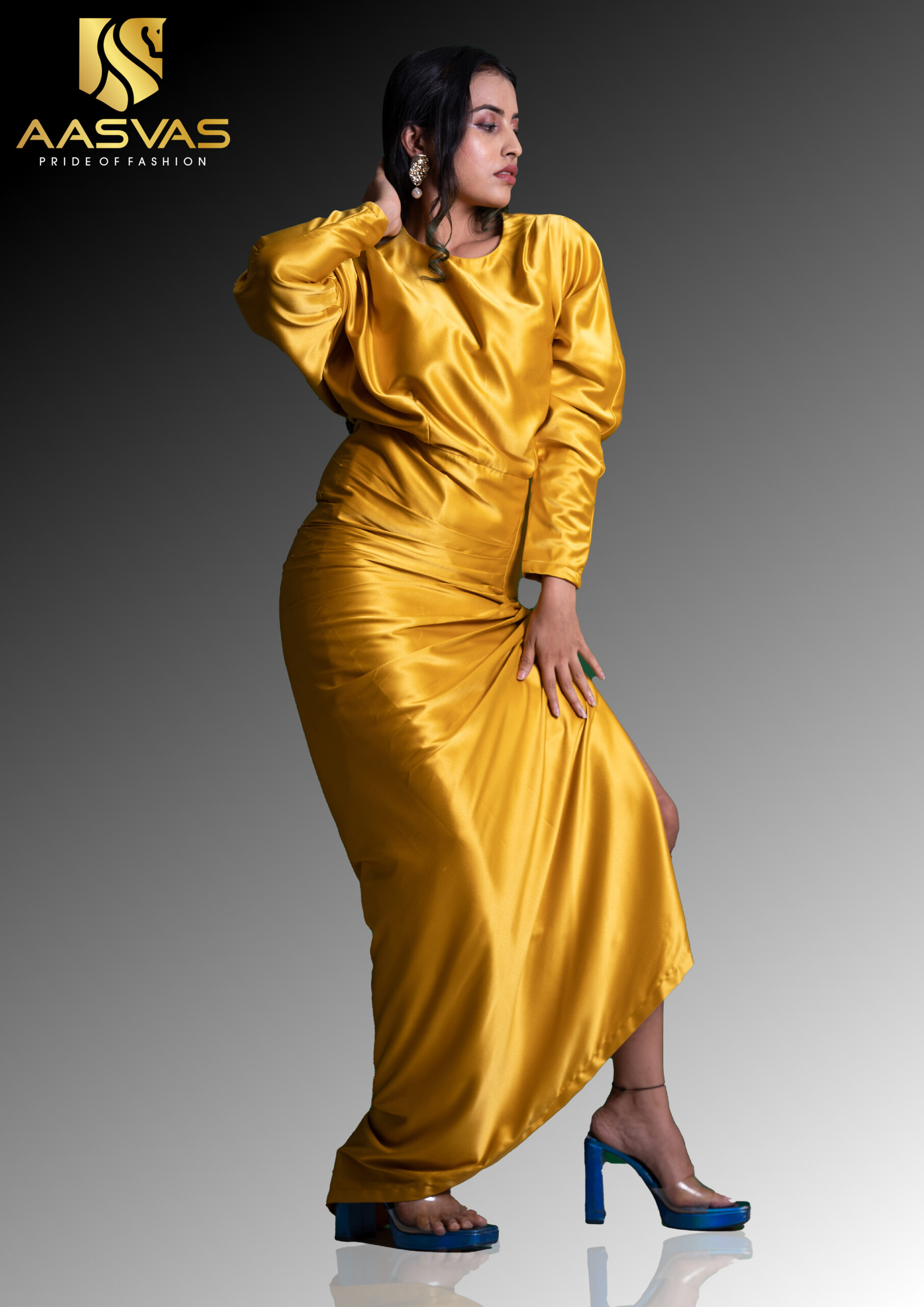 A Yellow Drapped Satin Gown