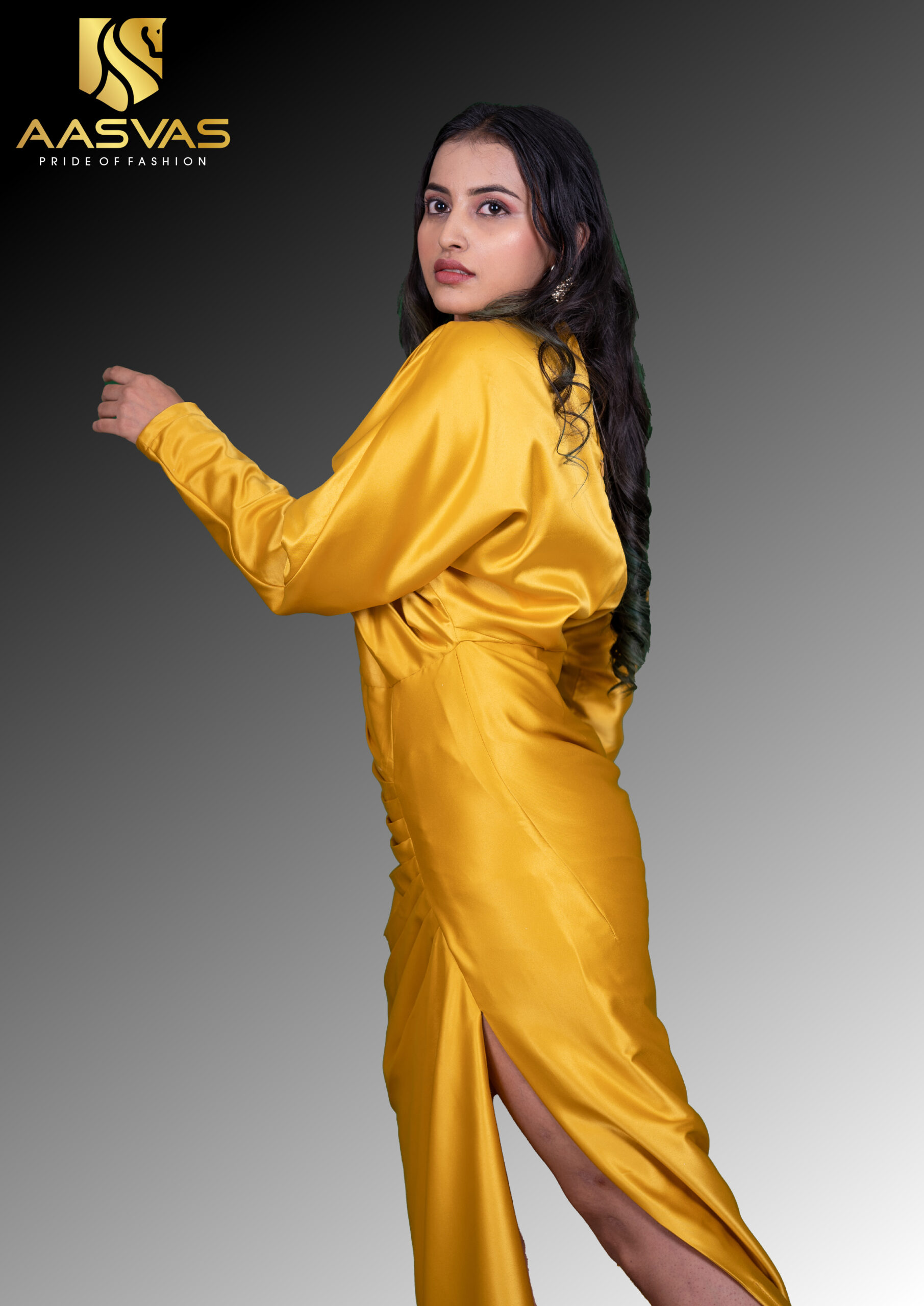 A Yellow Drapped Satin Gown