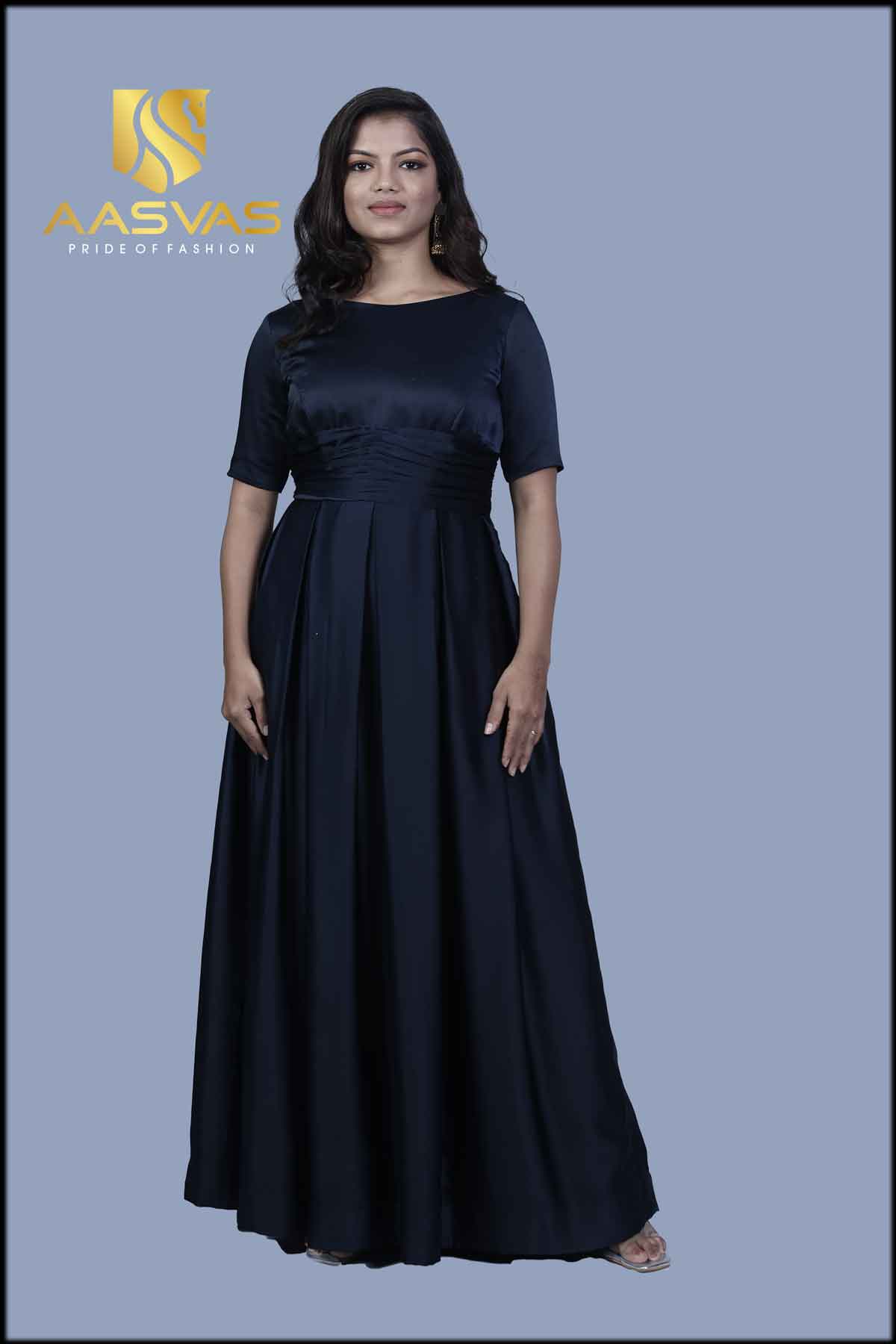 A Blue Satin Gown with Box Pleats