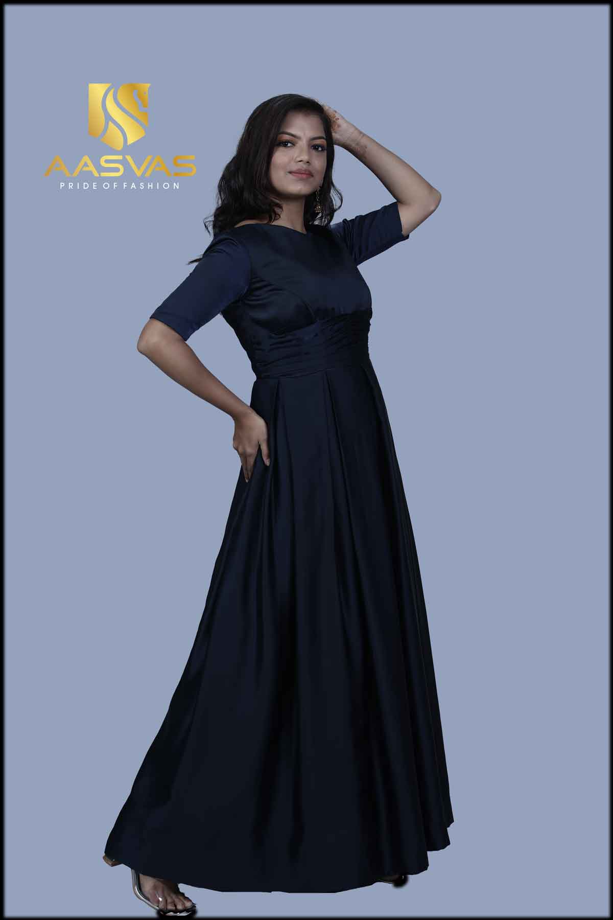 A Blue Satin Gown with Box Pleats