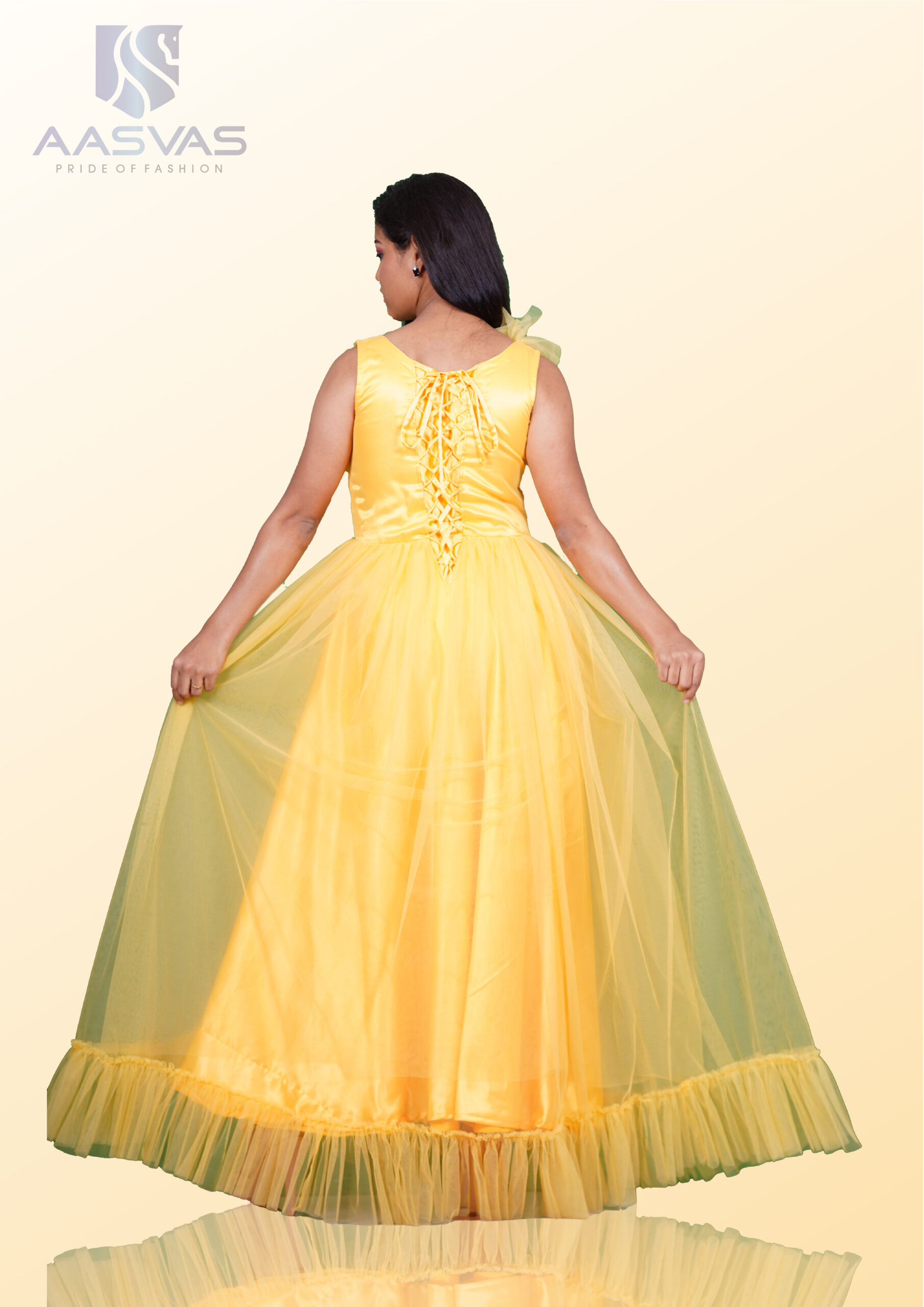 Yellow Net Fabric with Ruffles