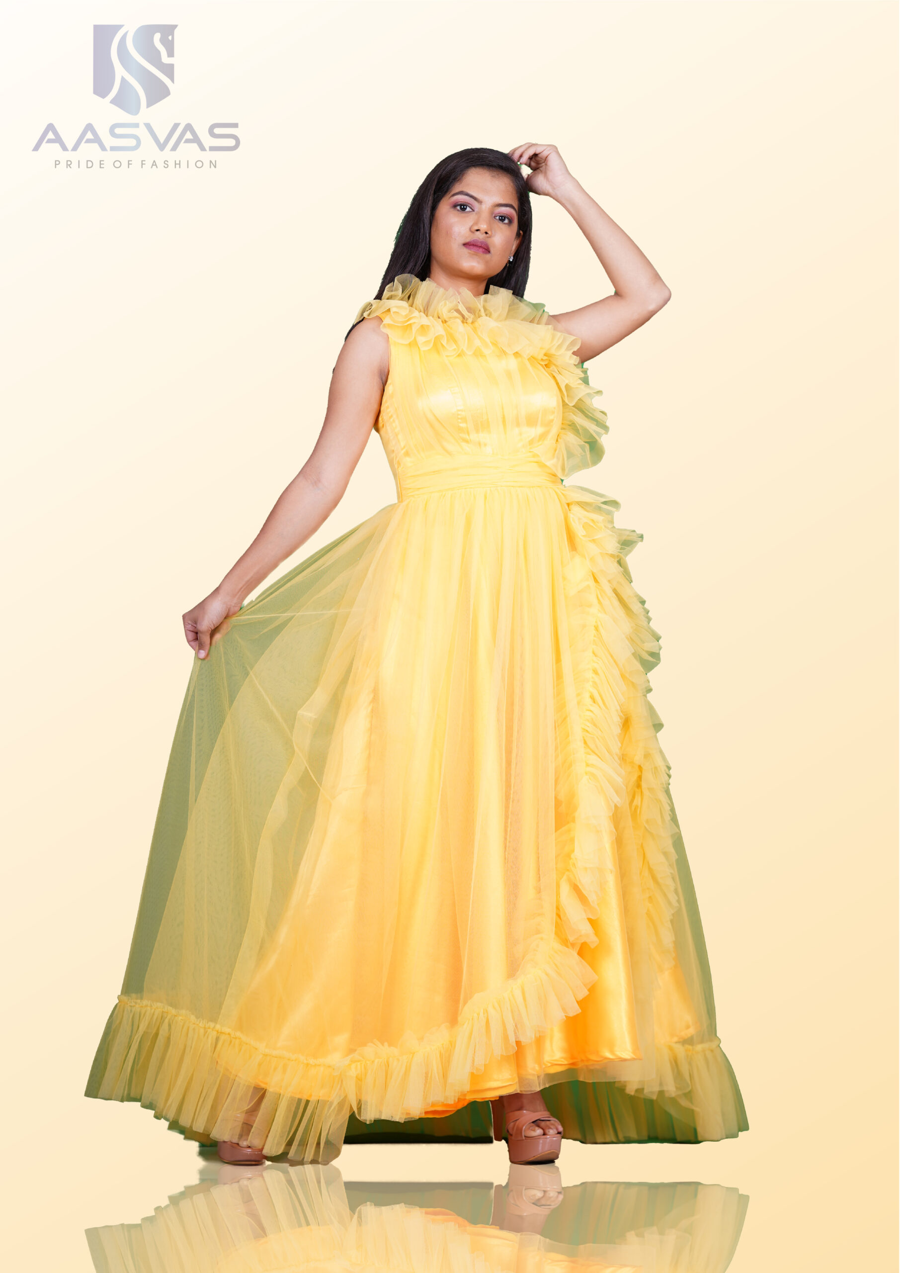 Yellow Net Fabric with Ruffles