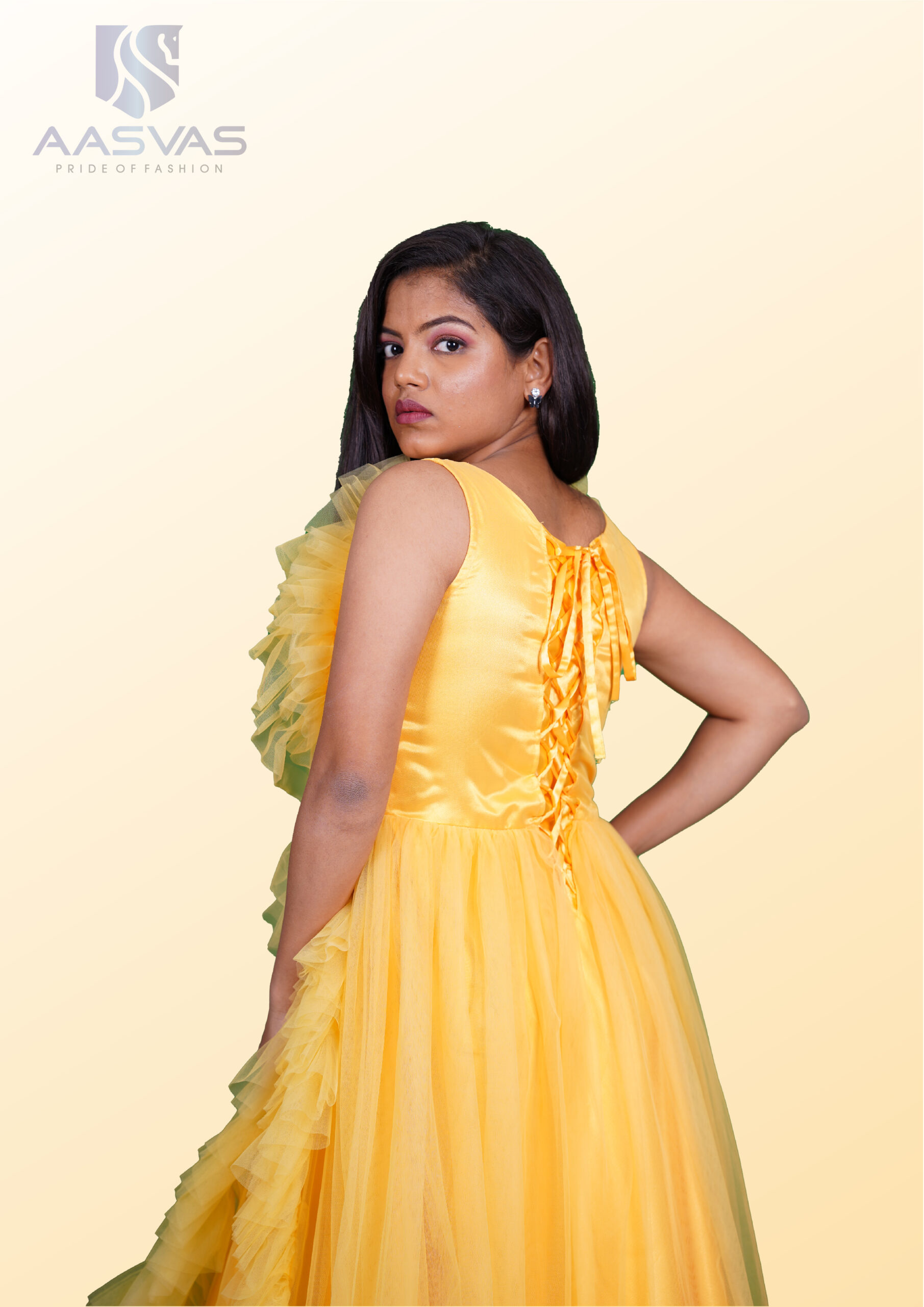 Yellow Net Fabric with Ruffles