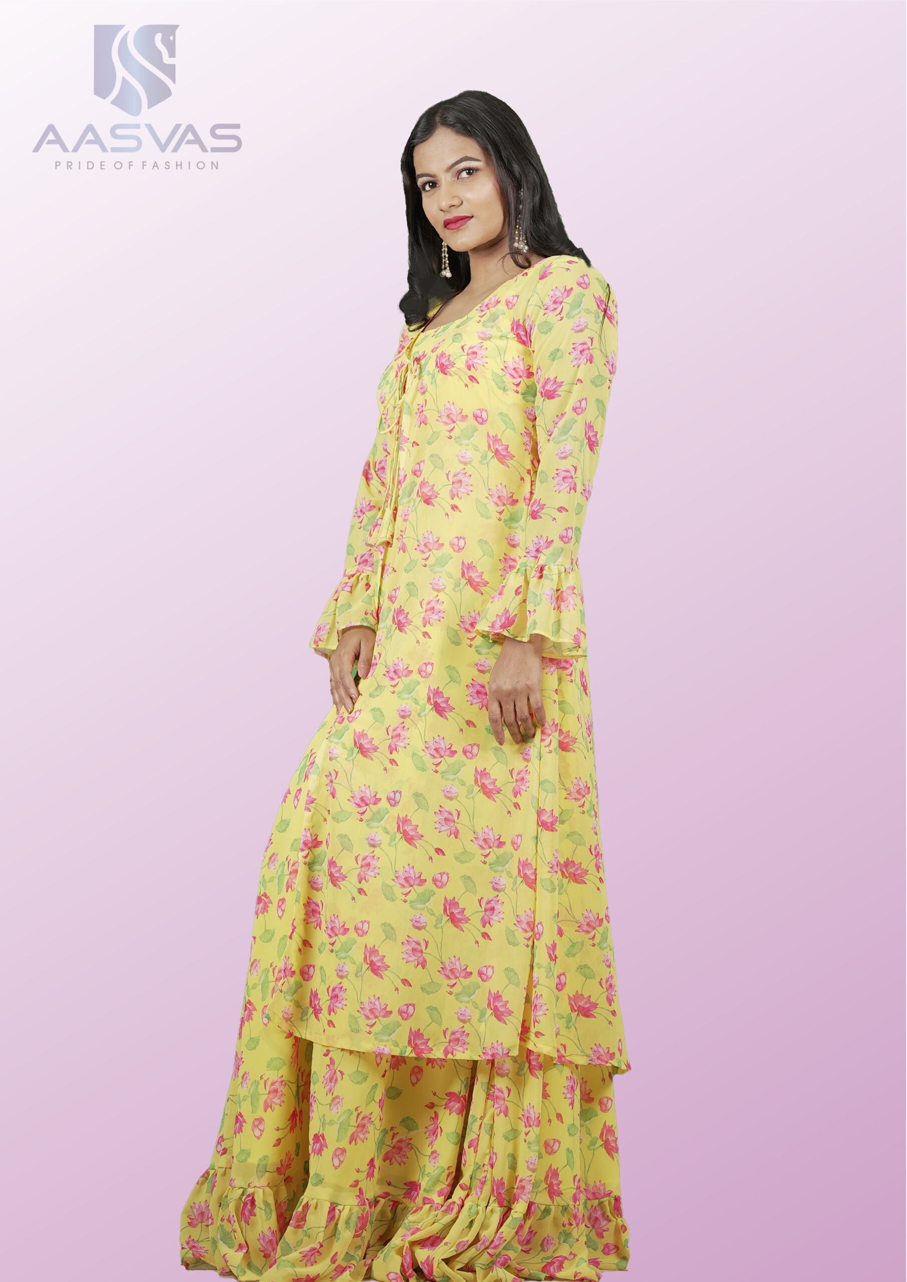 Yellow Floral Printed Crepe Gown