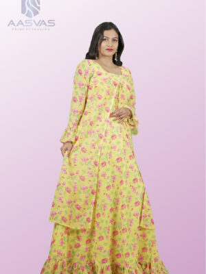 Yellow Floral Printed Crepe Gown