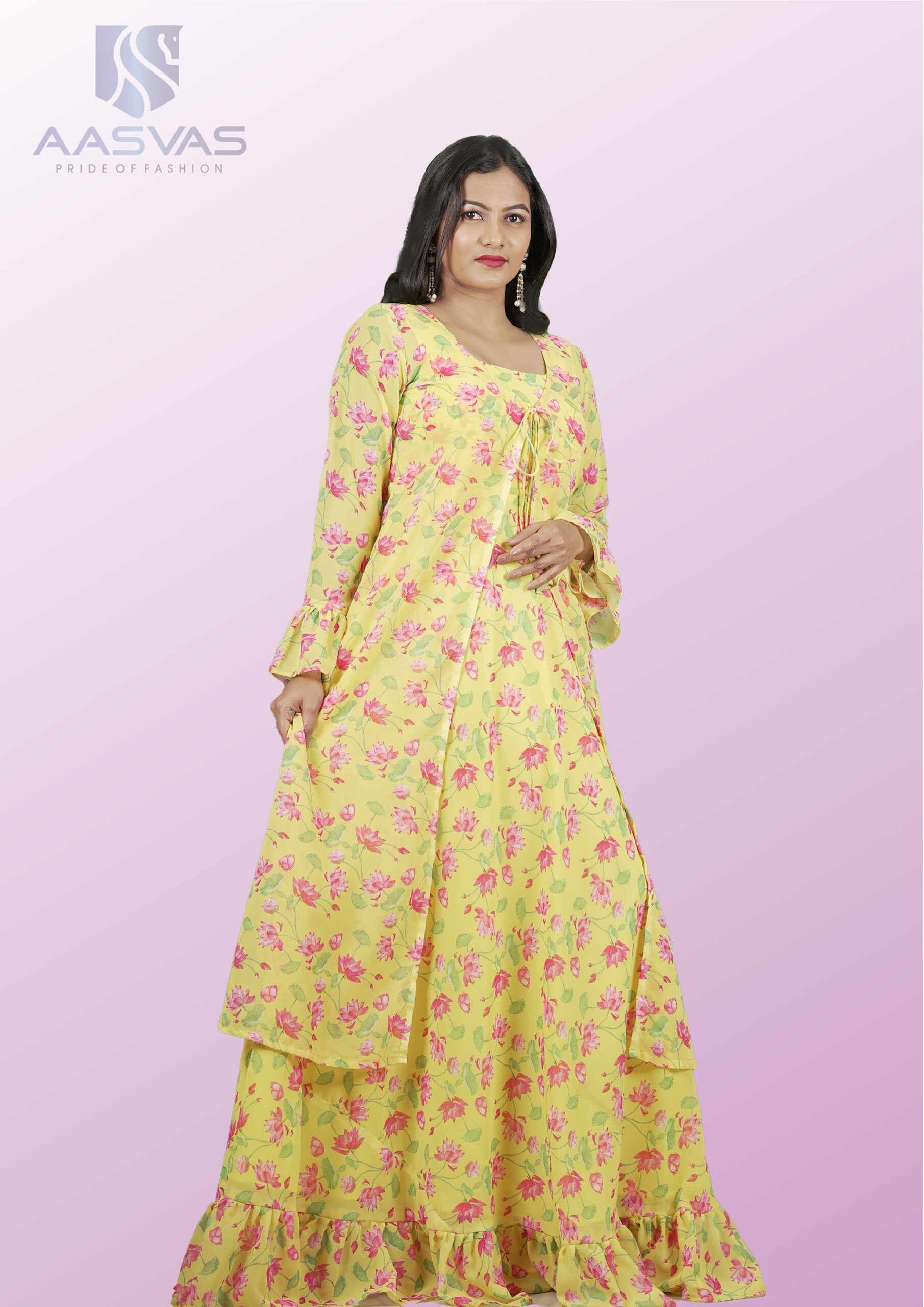 Yellow Floral Printed Crepe Gown