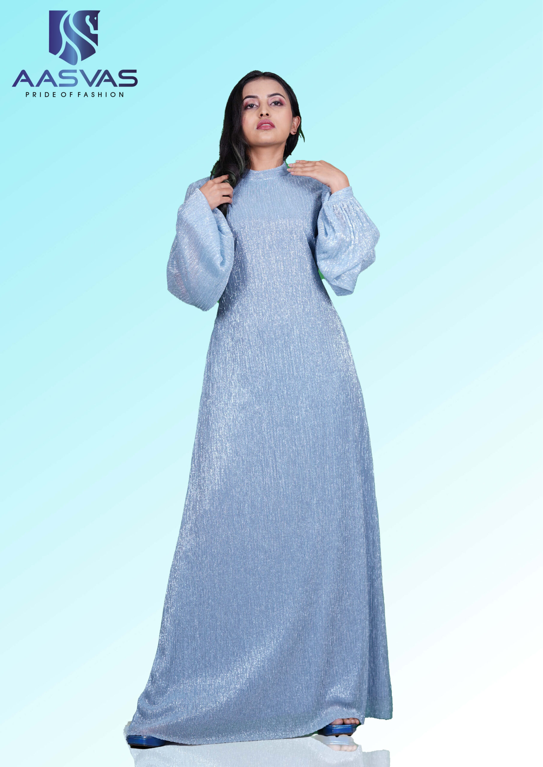 A Light Blue Crushed Shimmer with A Turtle Neck and Puff Sleeve