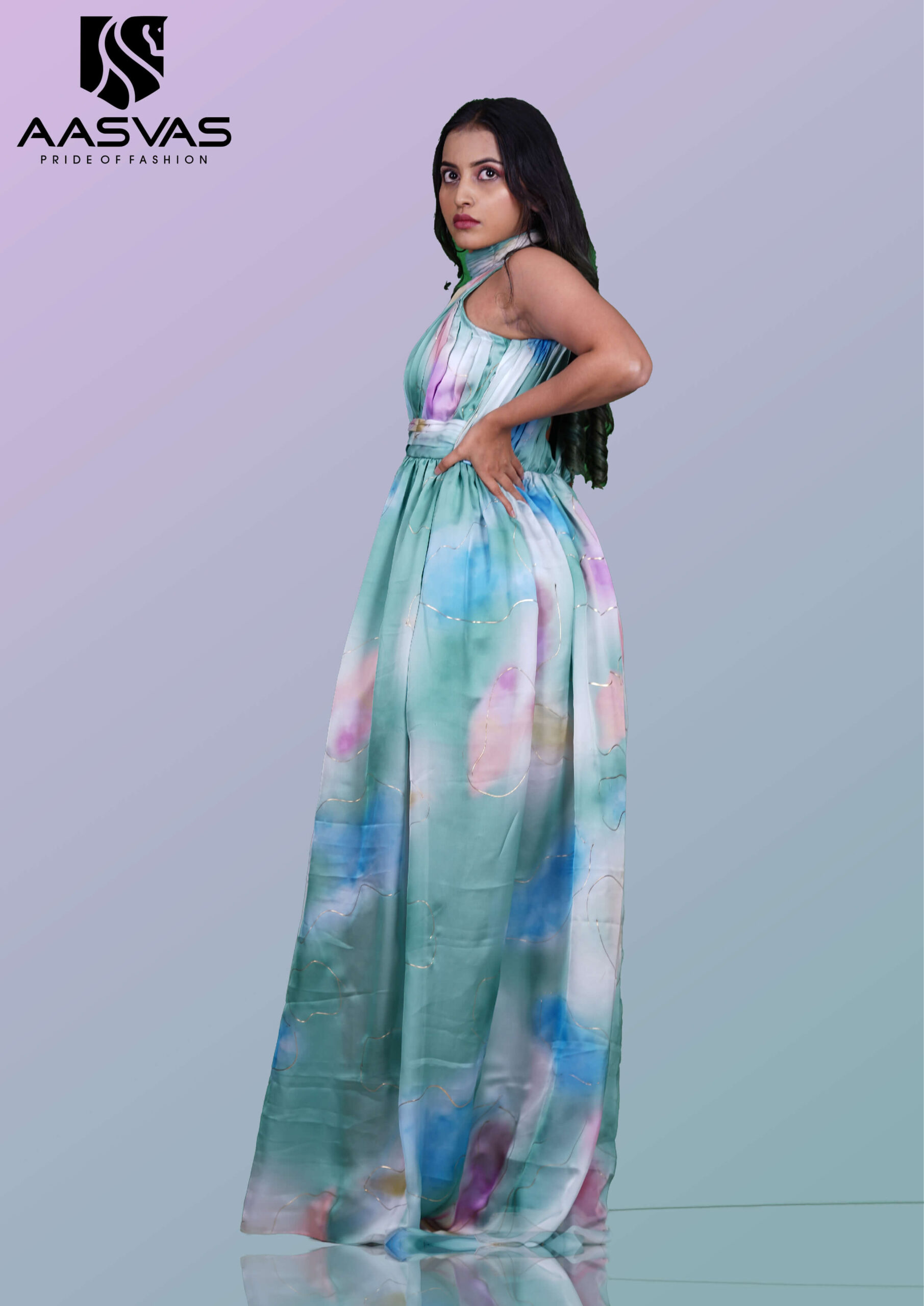 Satin Gown in Multicolor with Turtle Neck