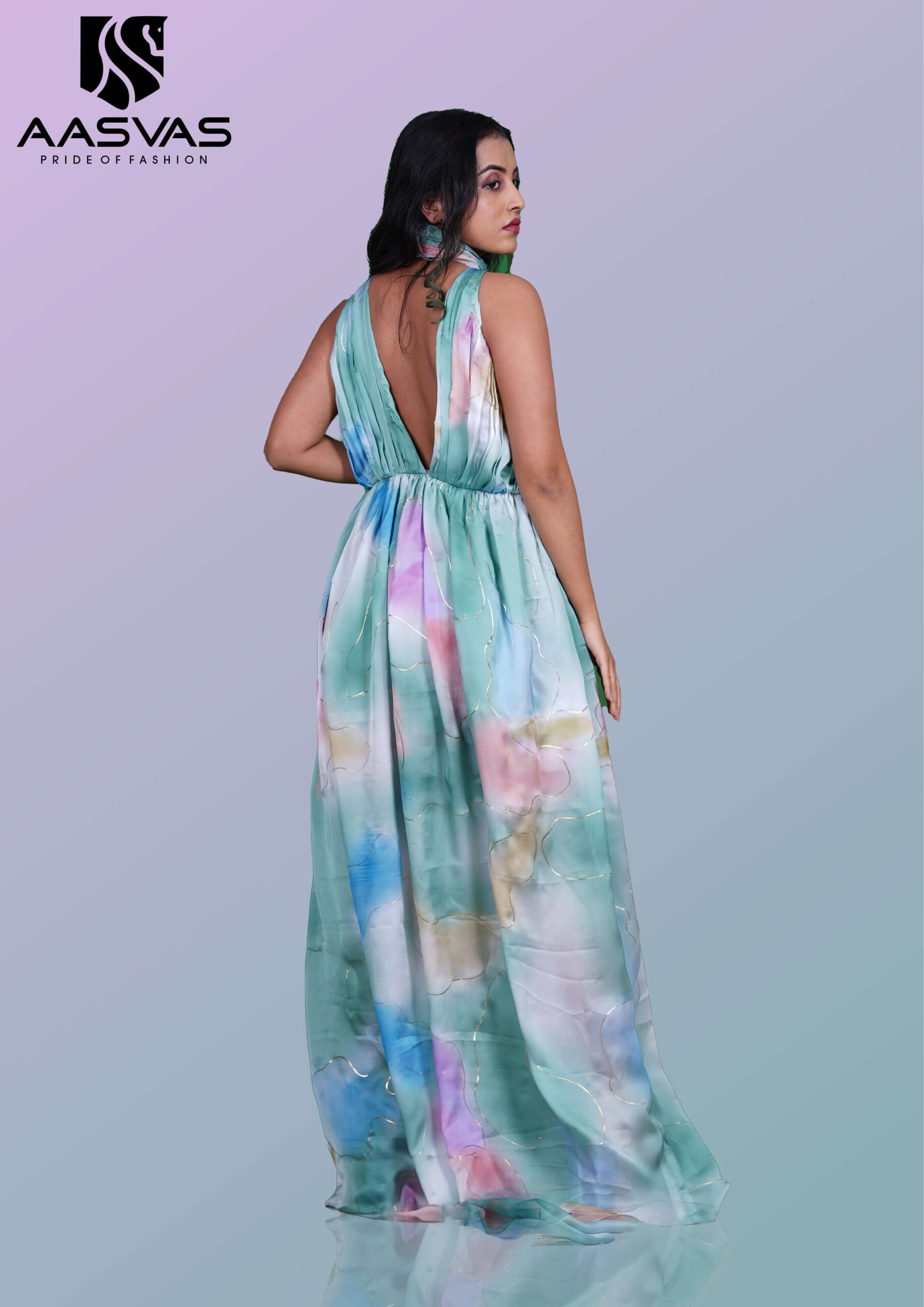 Satin Gown in Multicolor with Turtle Neck