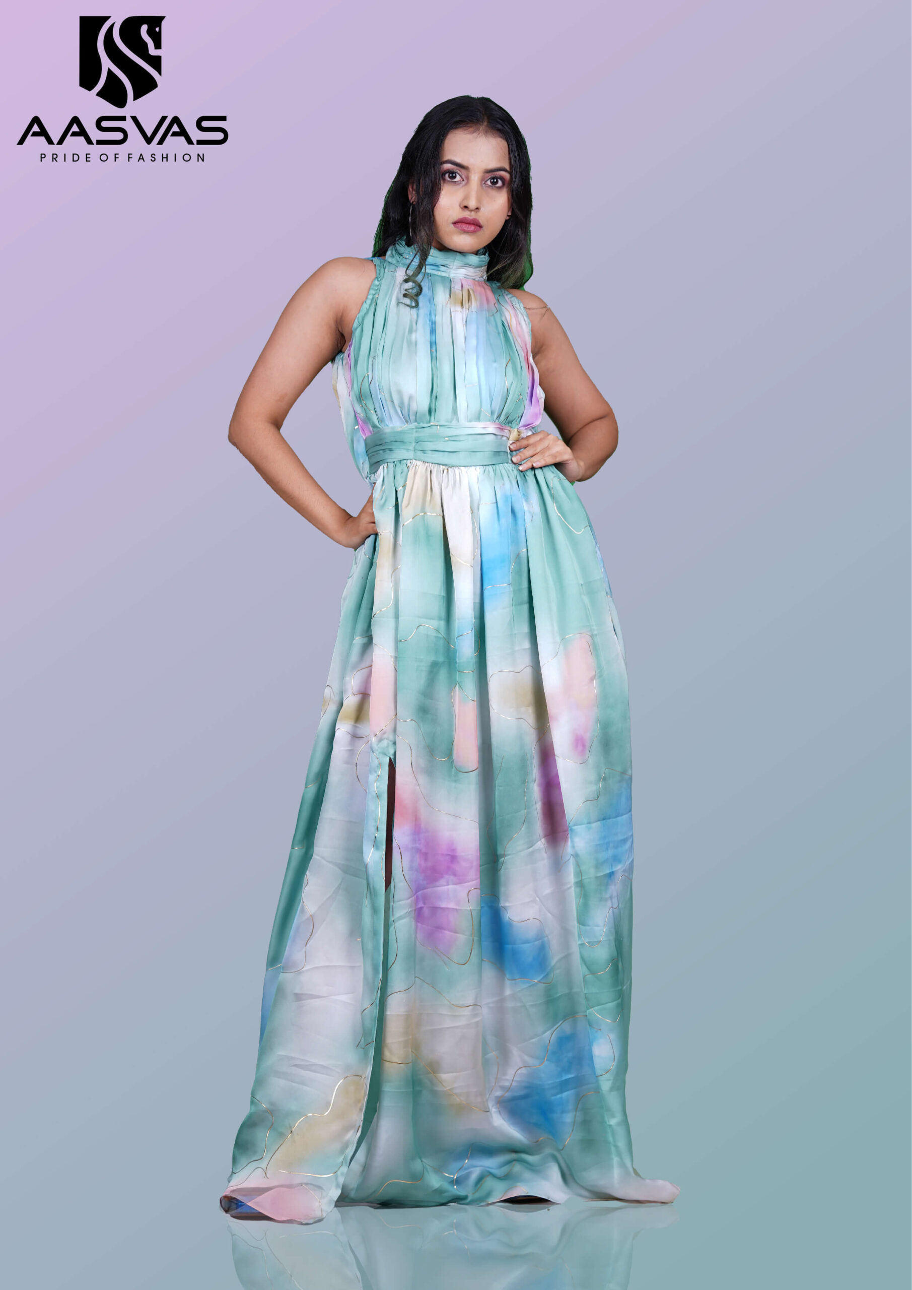 Satin Gown in Multicolor with Turtle Neck