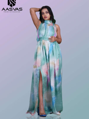 Satin Gown in Multicolor with Turtle Neck