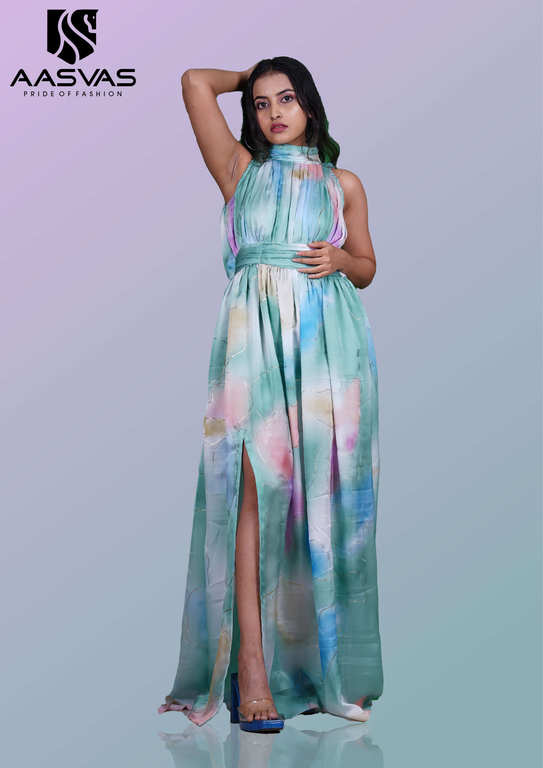 Satin Gown in Multicolor with Turtle Neck