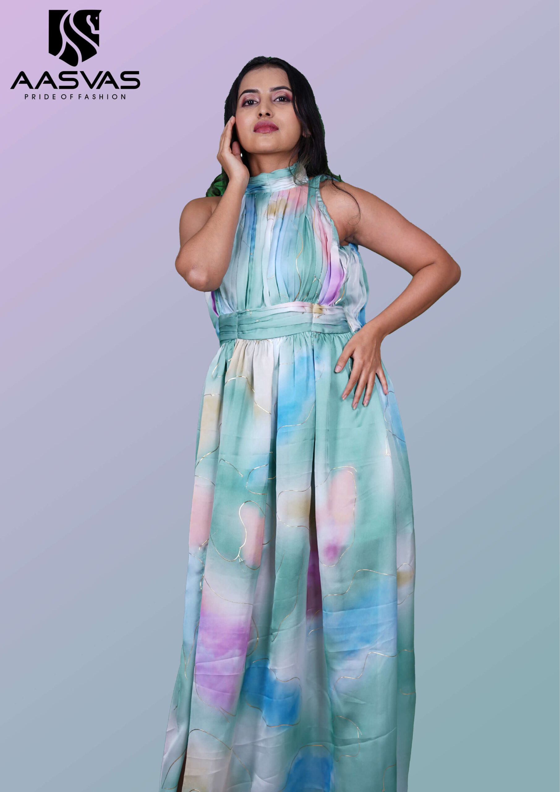 Satin Gown in Multicolor with Turtle Neck