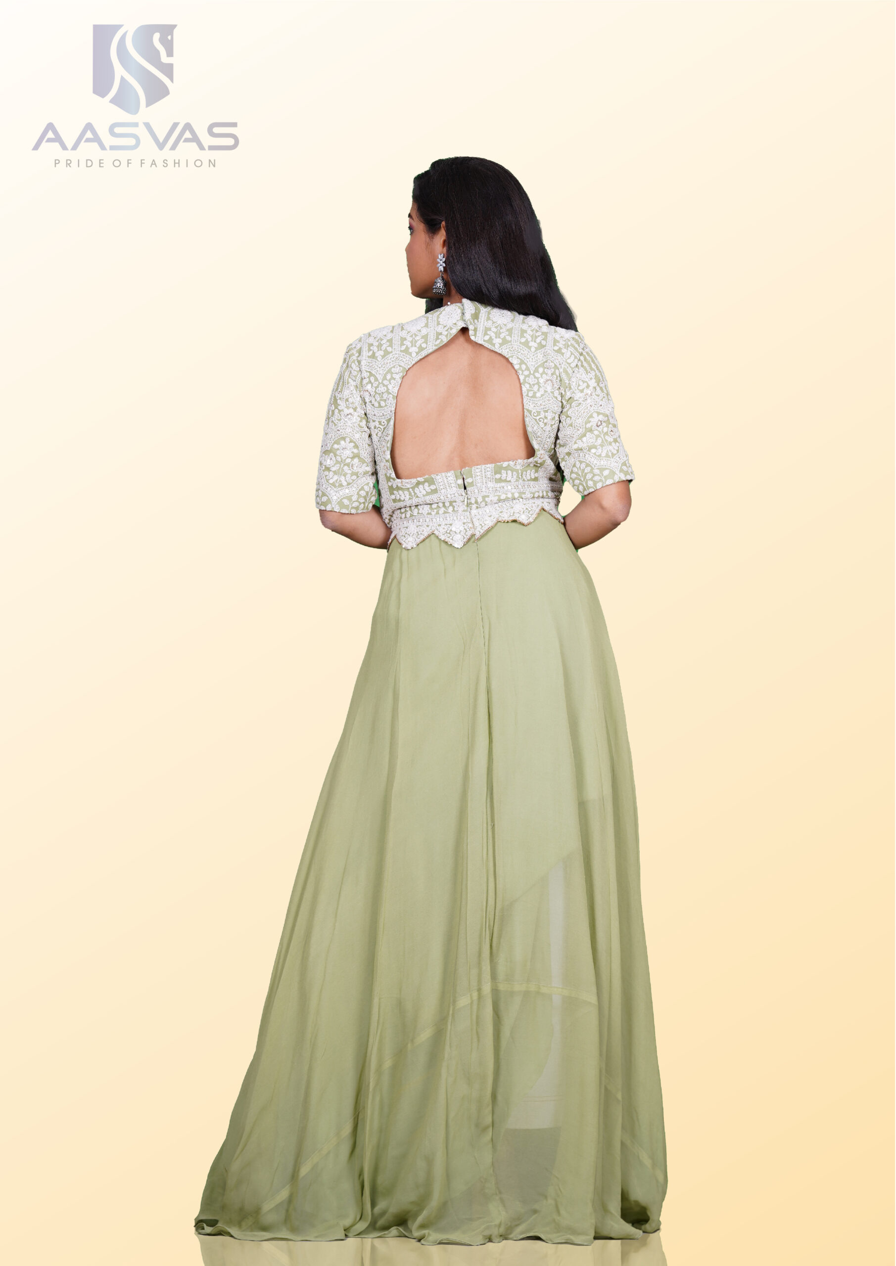 A Chikankari Gown with a Crew Neck