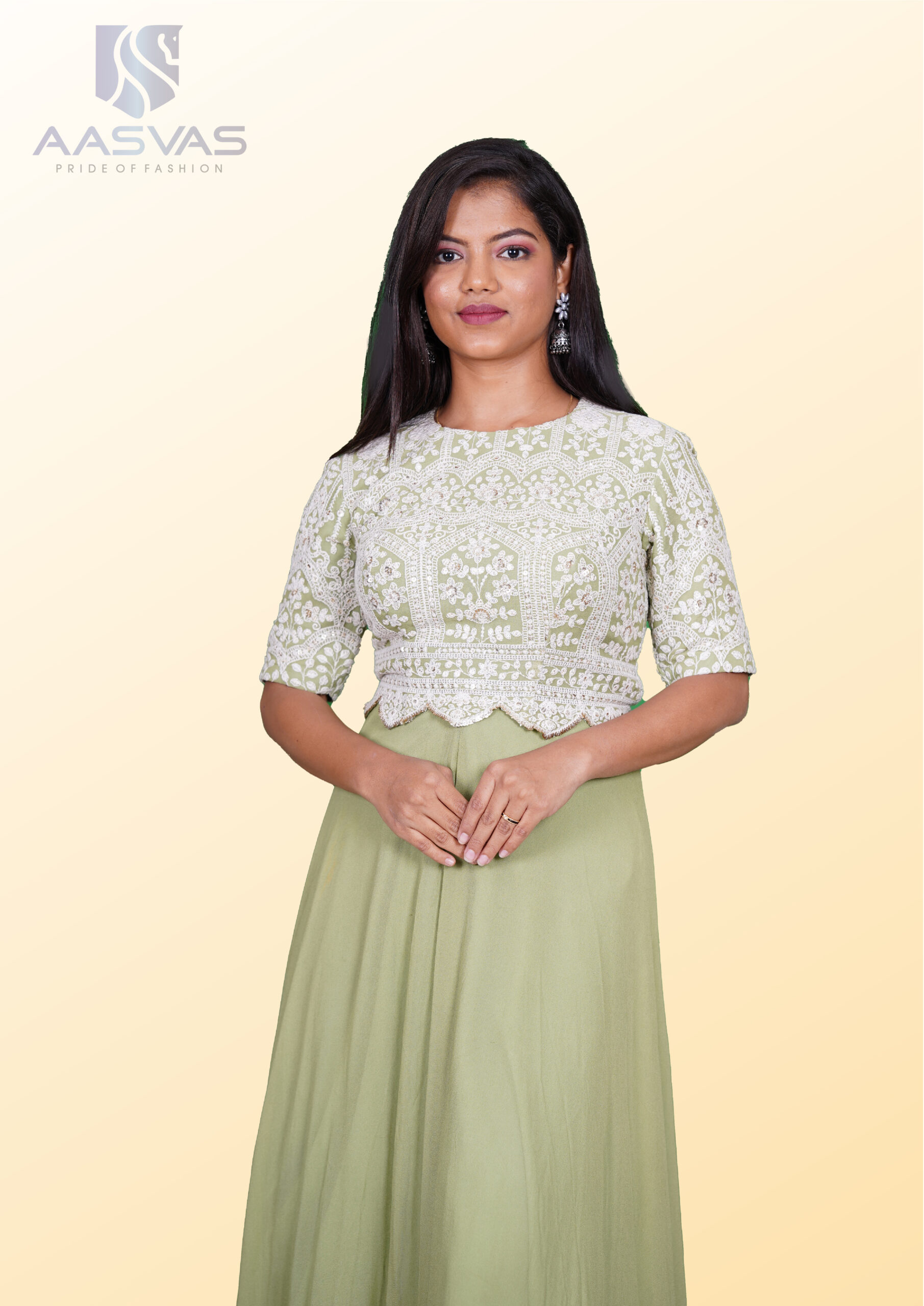 A Chikankari Gown with a Crew Neck