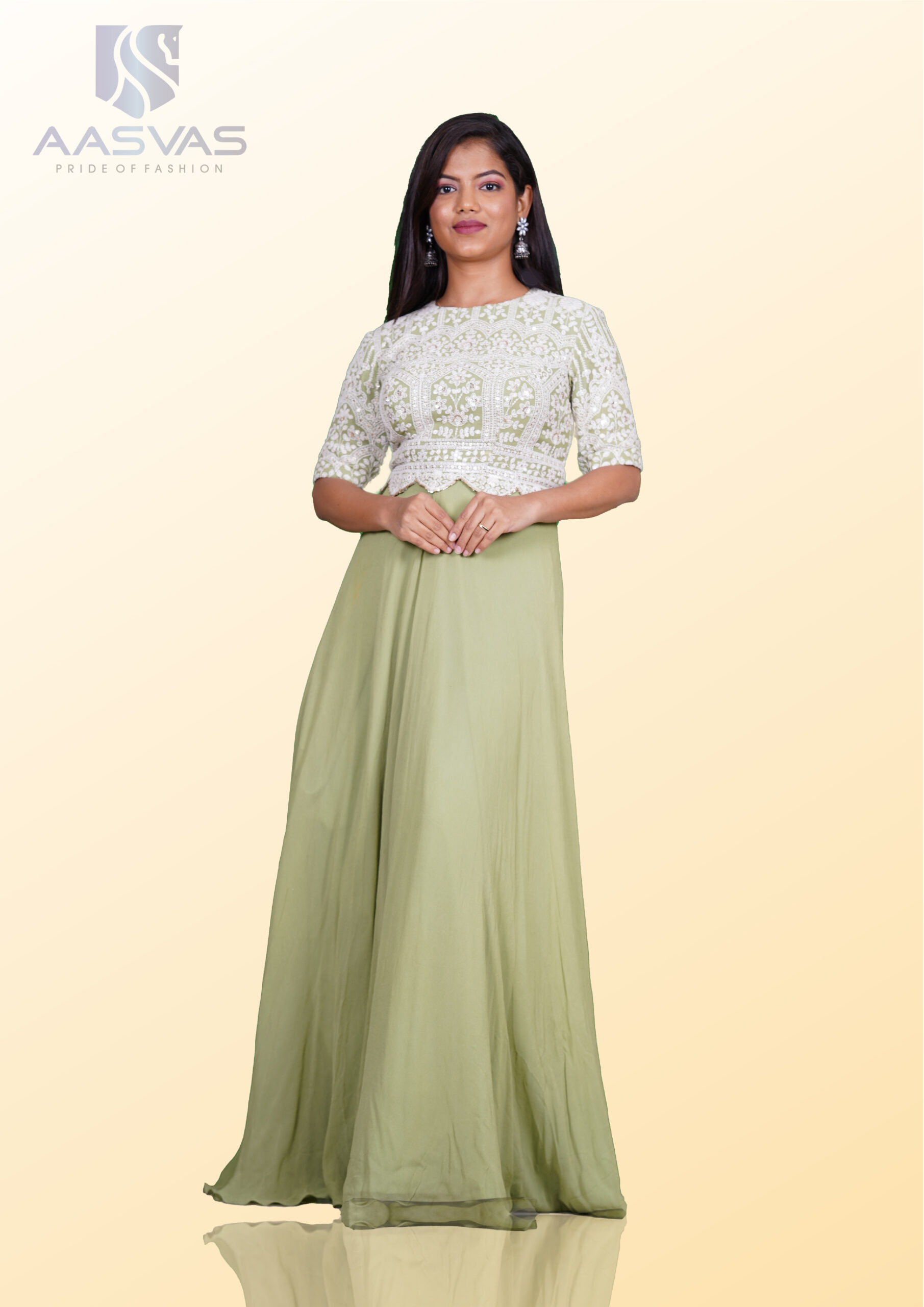 A Chikankari Gown with a Crew Neck