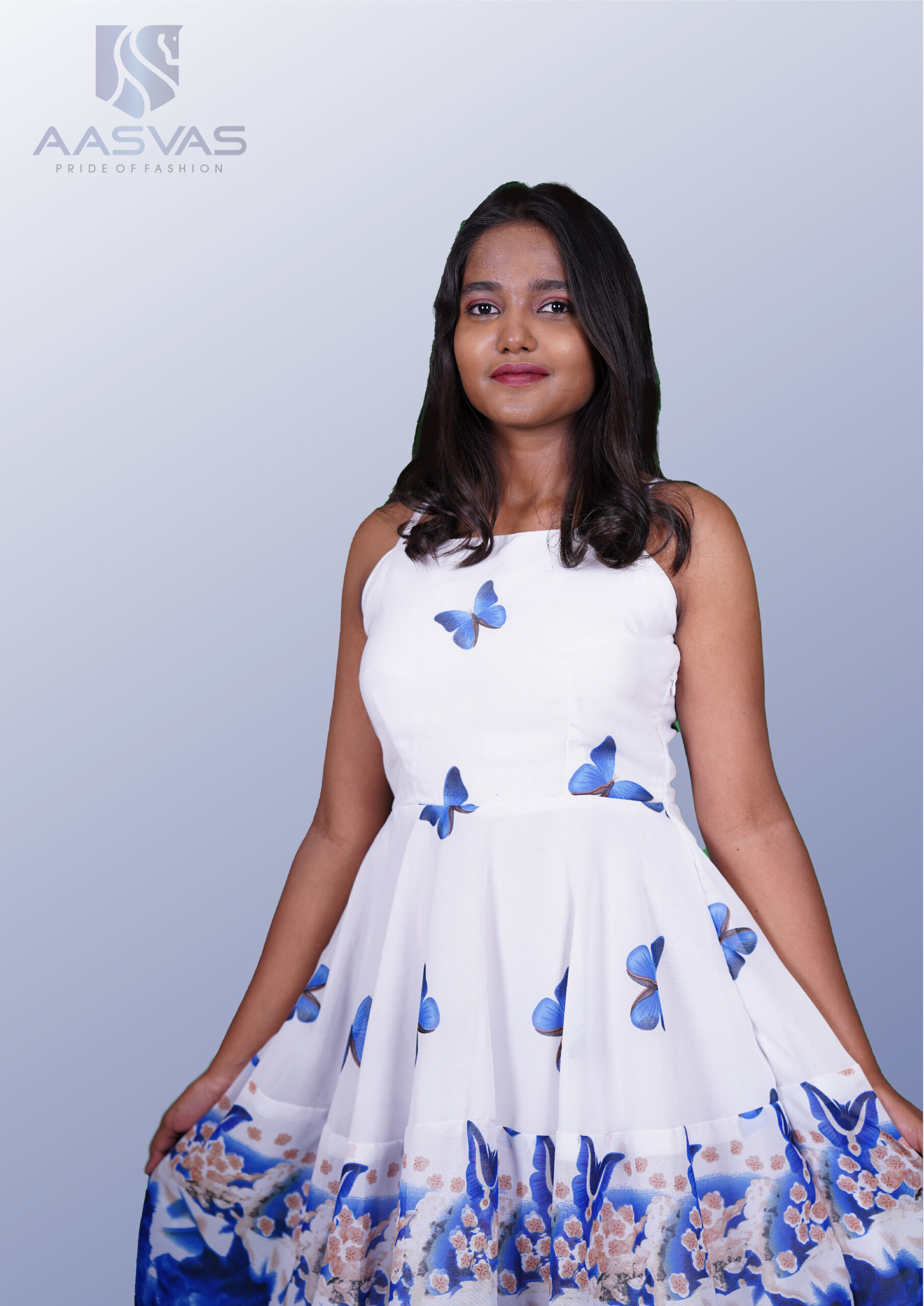 A White and Blue Floral Print Frock