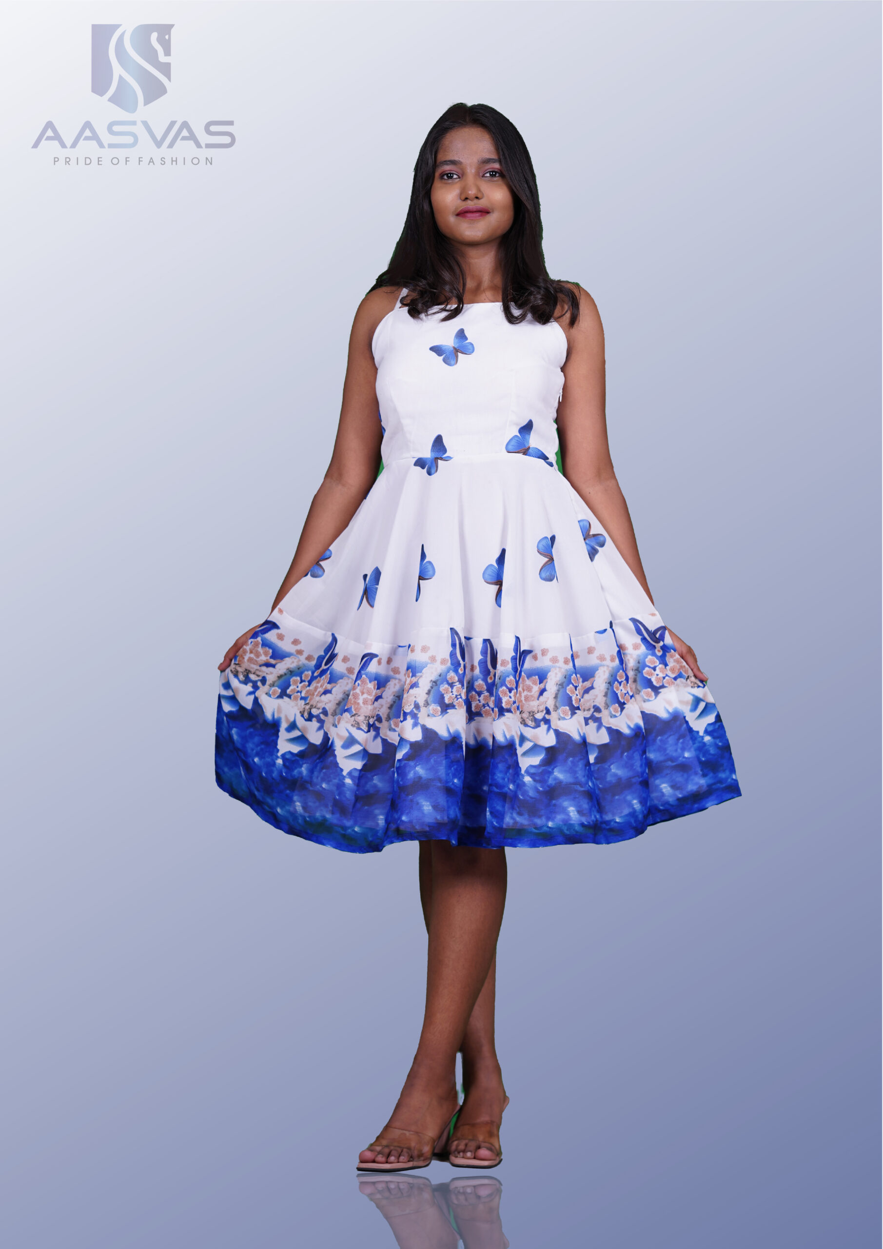 A White and Blue Floral Print Frock